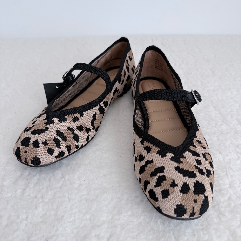 Rachel Zoe Saylor Leopard Knit Mary Jane Flats in Tan and Black, Size 8.5